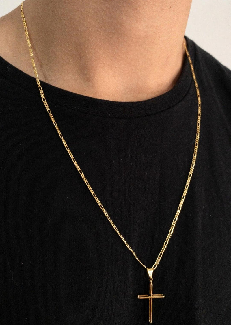CORRENTE FIGARO 3X1  (2mm) + PINGENTE CRUCIFIXO 3D VAZADO (2,8cm)  - BANHADO A OURO 18K