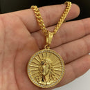 CORRENTE CUBAN (5mm) + PINGENTE MEDALHA FACE DE CRISTO CRAVEJADO (4,9cm)  - BANHADO A OURO 18K