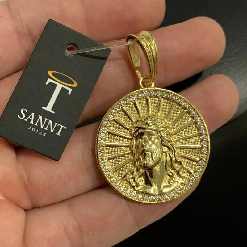 PINGENTE MEDALHA FACE DE CRISTO CRAVEJADO (4,9cm) - BANHADO A OURO 18K