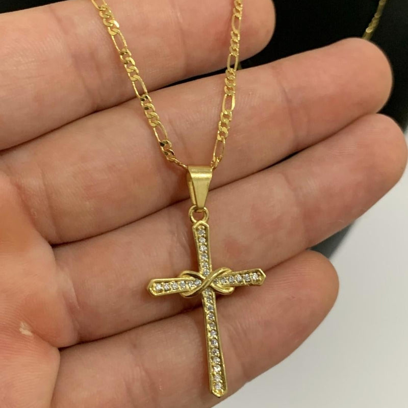 CORRENTE FIGARO 3X1 (1mm) + PINGENTE CRUCIFIXO CRAVEJADO COM INFINITO (3,3cm) - BANHADO A OURO 18K