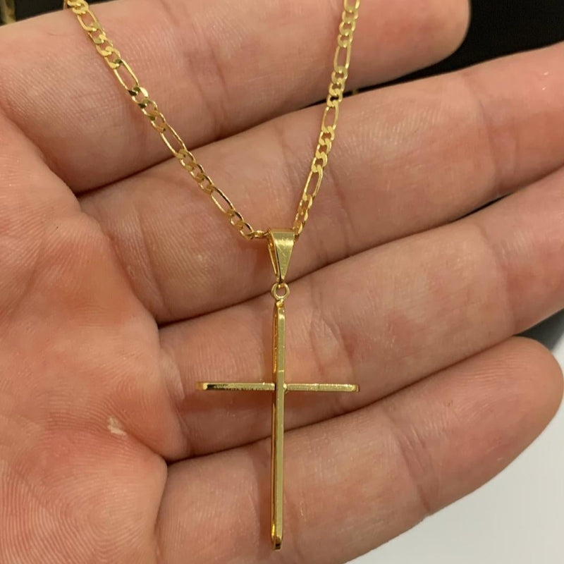 CORRENTE FIGARO 3X1  (2mm) + PINGENTE CRUCIFIXO 3D VAZADO (2,8cm)  - BANHADO A OURO 18K
