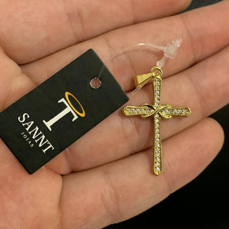 PINGENTE CRUCIFIXO CRAVEJADO COM INFINITO (3,3cm) - BANHADO A OURO 18K
