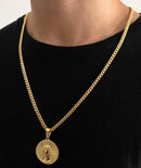 CORRENTE CUBAN (5mm) + PINGENTE MEDALHA FACE DE CRISTO CRAVEJADO (4,9cm)  - BANHADO A OURO 18K