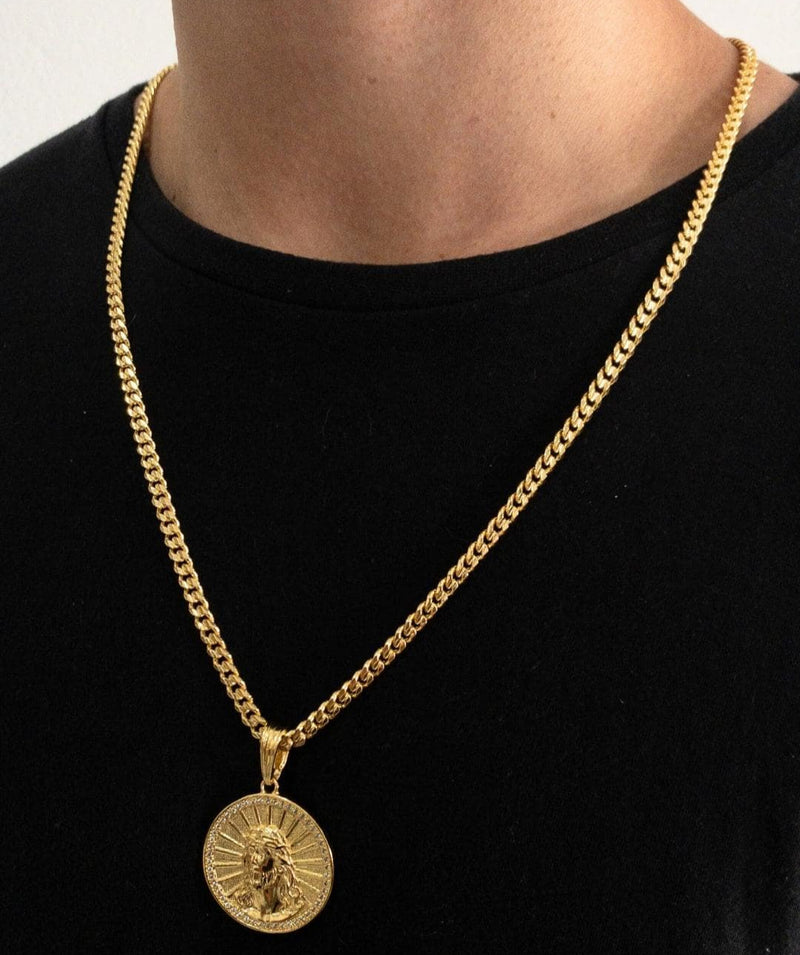 CORRENTE CUBAN (5mm) + PINGENTE MEDALHA FACE DE CRISTO CRAVEJADO (4,9cm)  - BANHADO A OURO 18K