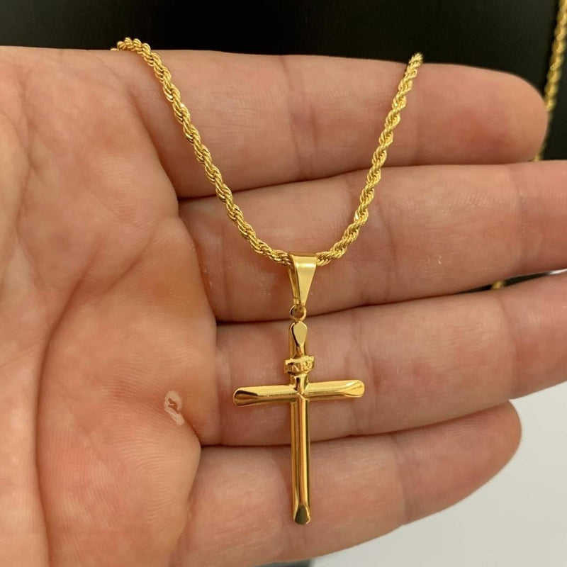 CORRENTE ELO BAIANO (2mm) + PINGENTE CRUZ PALITO (2,9cm) - BANHADO A OURO 18K