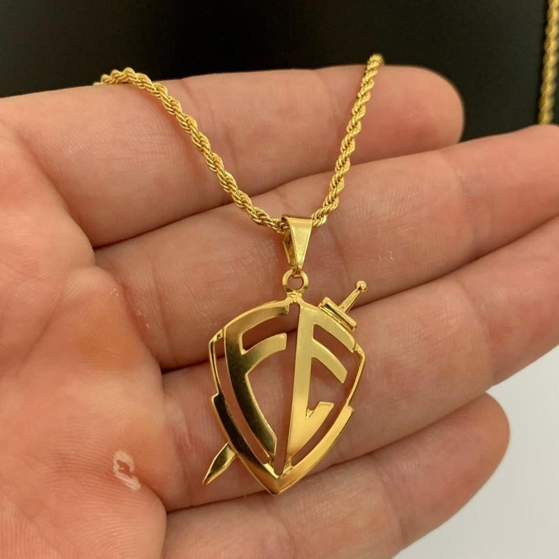 CORRENTE ELO BAIANO (2mm) + PINGENTE ESCUDO DA FÉ (3cm) - BANHADO A OURO 18K