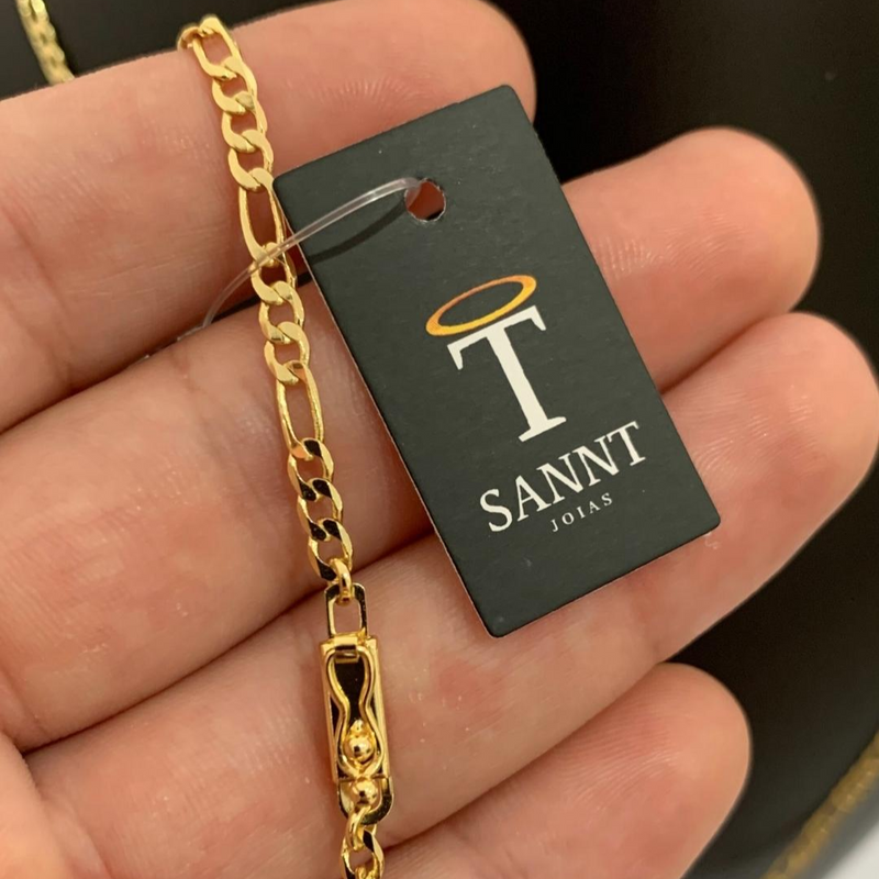 CORRENTE FIGARO 3X1 (3mm) + PINGENTE CRUCIFIXO CÔNCAVO COM CRISTO (4,5cm) - BANHADO A OURO 18K