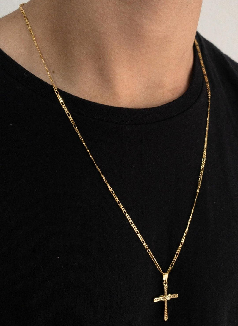 CORRENTE FIGARO 3X1 (1mm) + PINGENTE CRUCIFIXO CRAVEJADO COM INFINITO (3,3cm) - BANHADO A OURO 18K