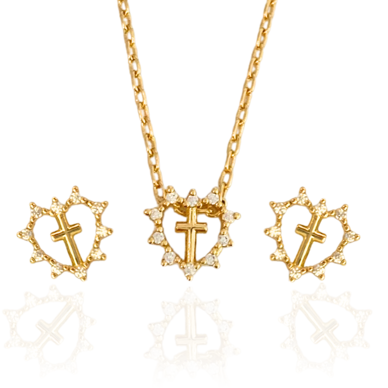 GARGANTILHA + BRINCO CORAÇÃO CRAVEJADO COM CRUZ  - BANHADO A OURO 18K