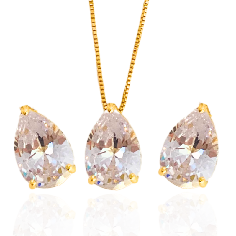 GARGANTILHA + BRINCO GOTA CRISTAL - (KIT) - BANHADO A OURO 18K