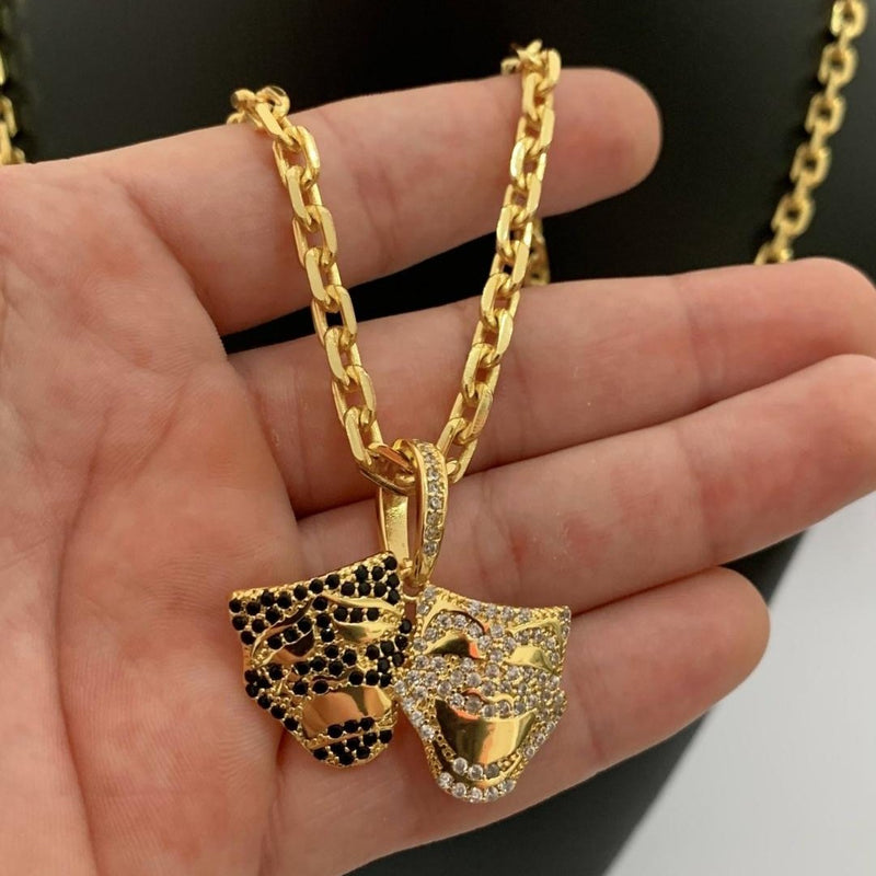 CORRENTE CADEADO (5mm) + PINGENTE CHORA AGORA RI DEPOIS CRAVEJADA (4,2cm) - BANHADO A OURO 18K