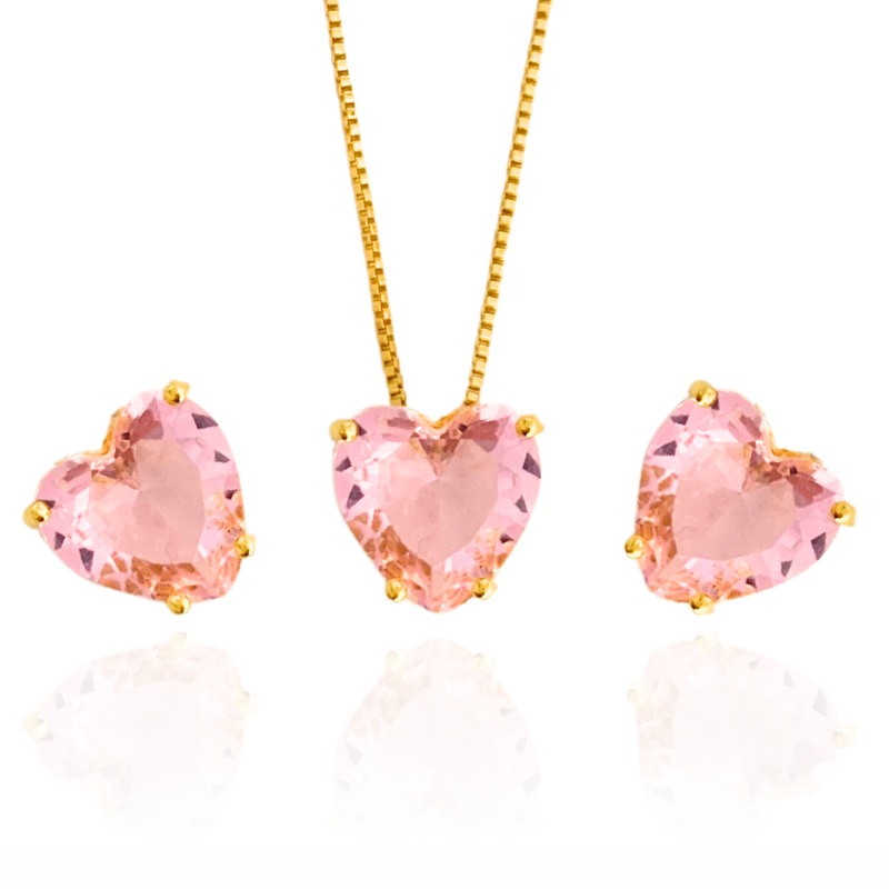 GARGANTILHA + BRINCO CORAÇÃO ROSA - (KIT) - BANHANDO A OURO 18K