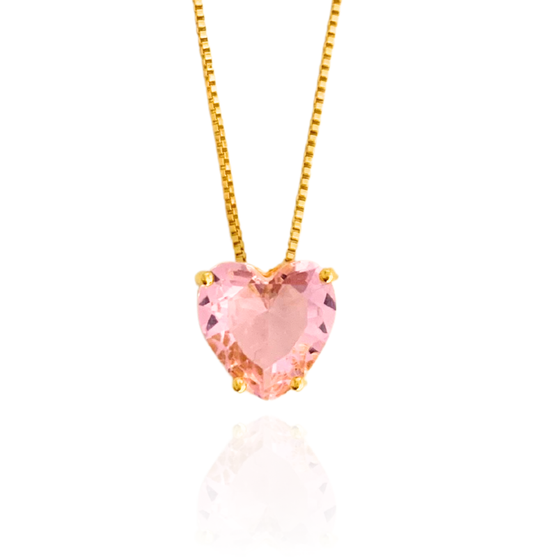 GARGANTILHA CORAÇÃO ROSA - BANHADO A OURO 18K
