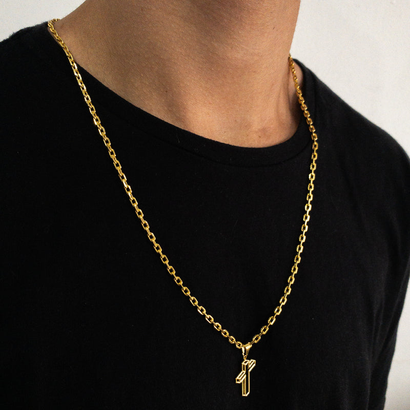 CORRENTE CADEADO (3mm) + PINGENTE DE CRUZ 3D CHAPADO (3,5cm) - BANHADO A OURO 18K