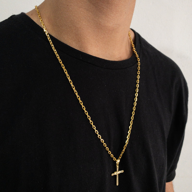 CORRENTE CADEADO (3mm) + PINGENTE CRUCIFIXO CRAVEJADO COM INFINITO (3,3cm) - BANHADO A OURO 18K