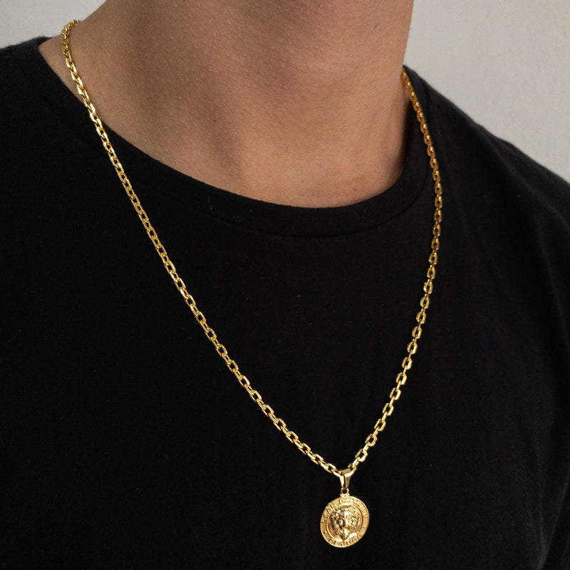 CORRENTE CADEADO (3mm) + PINGENTE MEDALHA LEÃO DA TRIBO DE JUDÁ (2,3cm) - BANHADO A OURO 18K