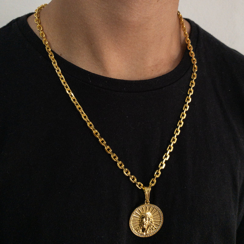 CORRENTE CADEADO (5mm) + PINGENTE MEDALHA FACE DE CRISTO CRAVEJADO (4,9cm) - BANHADO A OURO 18K