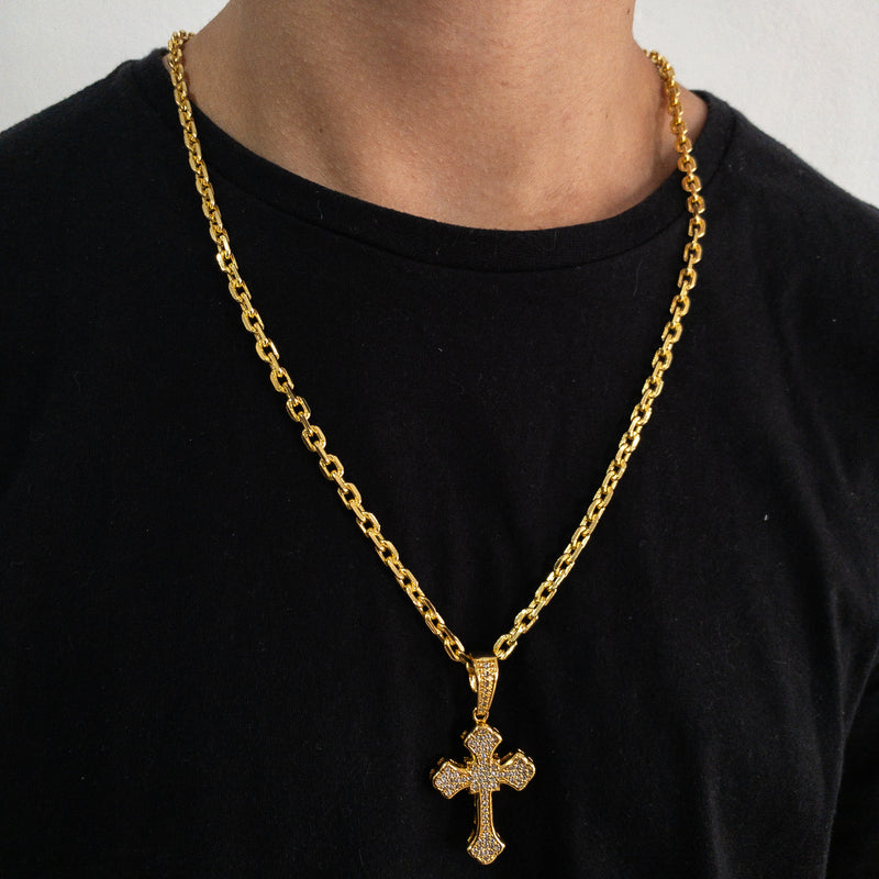 CORRENTE CADEADO (5mm) + PINGENTE CRUZ CRAVEJADA ALTO RELEVO (5,6cm) - BANHADO A OURO 18K