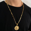 CORRENTE CADEADO LONG (6mm) + PINGENTE MEDALHA FACE DE CRISTO CRAVEJADO (4,9cm)  - BANHADO A OURO 18K