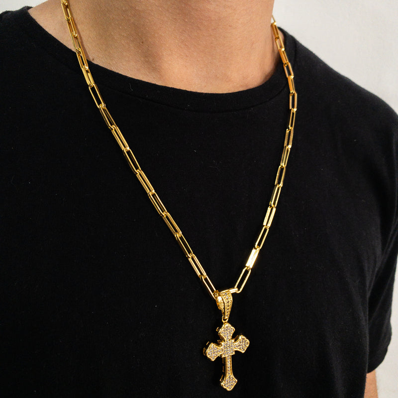 CORRENTE CADEADO LONG (6mm) + PINGENTE CRUZ CRAVEJADA ALTO RELEVO (5,6cm) - BANHADO A OURO 18K
