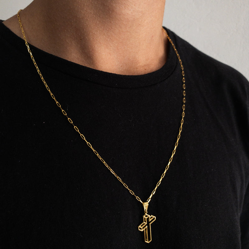 CORRENTE CADEADO FINO (1mm) + PINGENTE DE CRUZ 3D CHAPADO (3,5cm)- BANHADO A OURO 18K
