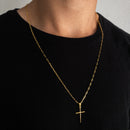 CORRENTE CADEADO FINO (1mm) + PINGENTE CRUZ PALITO MÉDIA (2,8cm) - BANHADO A OURO 18K