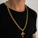 CORRENTE CADEADO (8mm) + PINGENTE CRUZ CRAVEJADA ALTO RELEVO (5,6cm) - BANHADO A OURO 18K