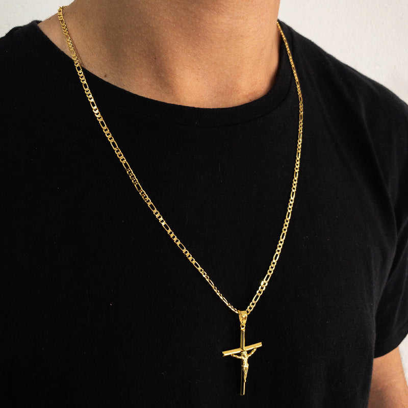 CORRENTE FIGARO 3X1 (3mm) + PINGENTE CRUCIFIXO CÔNCAVO COM CRISTO (4,5cm) - BANHADO A OURO 18K