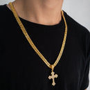 CORRENTE GRUMET DUPLA (10mm) + PINGENTE CRUZ CRAVEJADA ALTO RELEVO (5,6cm) - BANHADO A OURO 18K