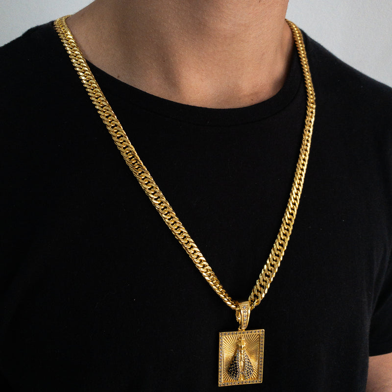 CORRENTE GRUMET DUPLA (10mm) + PINGENTE PLACA NOSSA SENHORA APARECIDA (4cm) - BANHADO A OURO 18K