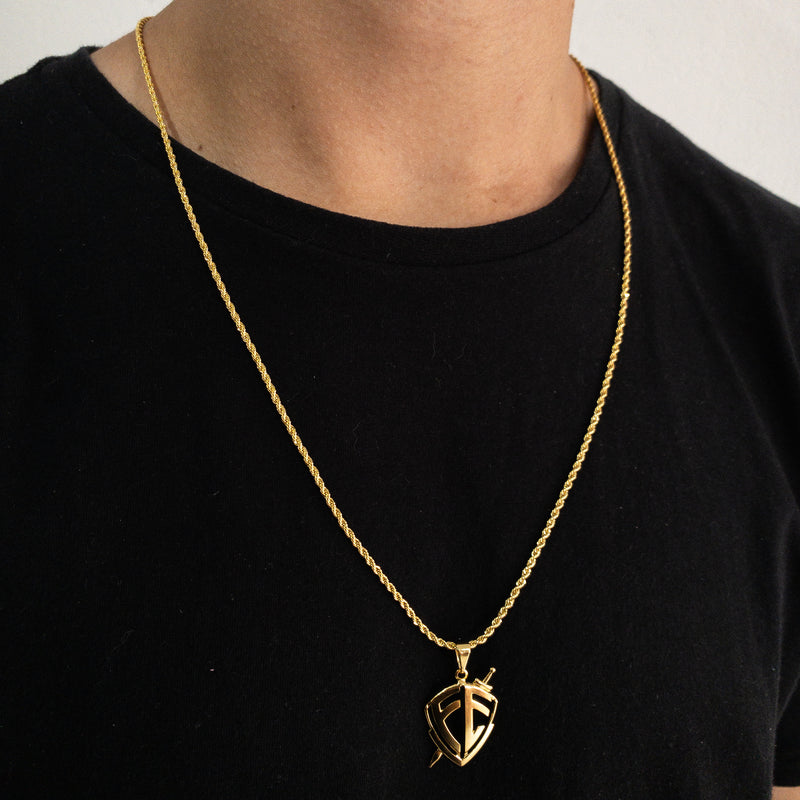 CORRENTE ELO BAIANO (2mm) + PINGENTE ESCUDO DA FÉ (3cm) - BANHADO A OURO 18K