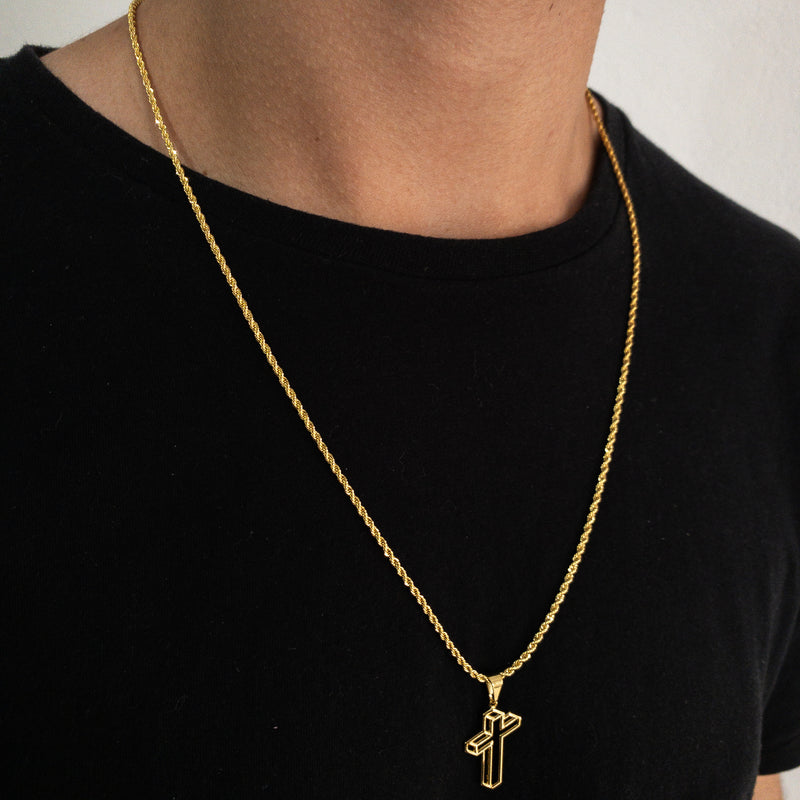 CORRENTE ELO BAIANO (2mm) + PINGENTE DE CRUZ 3D CHAPADO (3,5cm)- BANHADO A OURO 18K