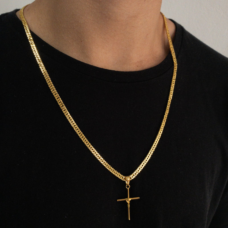 CORRENTE GRUMET DUPLA (4mm) + PINGENTE CRUZ ARAMADA (3,8cm)- BANHADO A OURO 18K