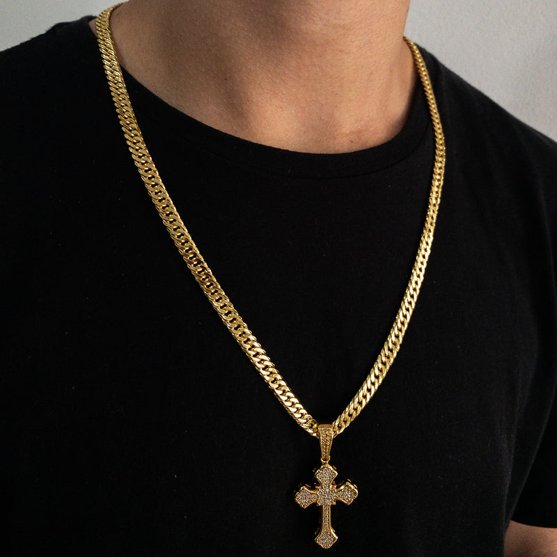 CORRENTE GRUMET DUPLA (6mm) + PINGENTE CRUZ CRAVEJADA ALTO RELEVO (5,6cm) - BANHADO A OURO 18K