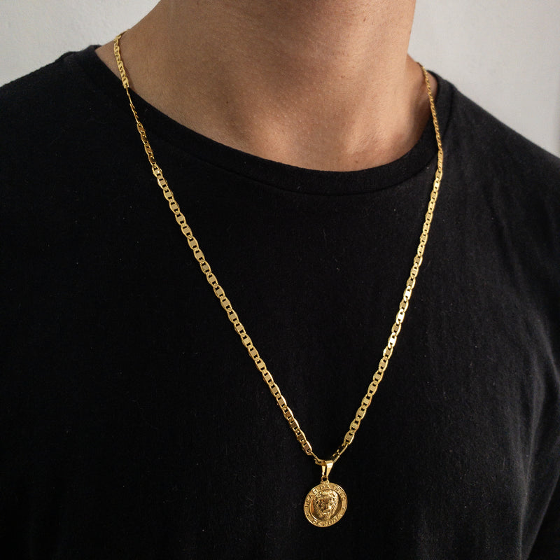 CORRENTE PIASTRINE (4mm) + PINGENTE MEDALHA LEÃO DA TRIBO DE JUDÁ (2,3cm) - BANHADO A OURO 18K