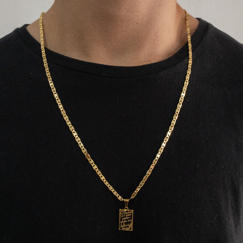 CORRENTE PIASTRINE (4mm) + PINGENTE PLACA SALMO 23 (2,2CM) - BANHADO A OURO 18K