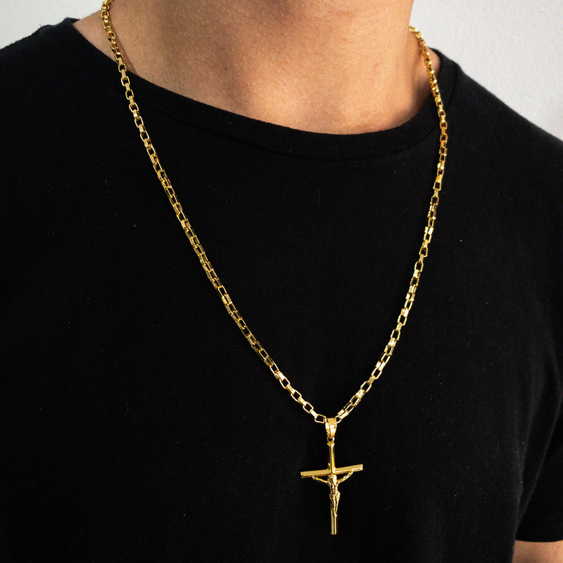 CORRENTE TIJOLINHO (4mm) + PINGENTE CRUCIFIXO CÔNCAVO COM CRISTO (4,5cm) - BANHADO A OURO 18K