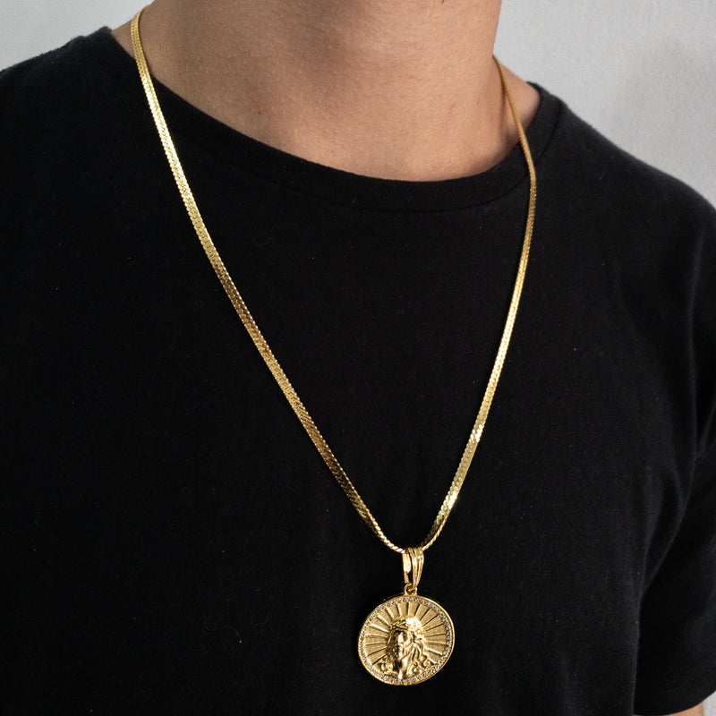 CORRENTE CADEADO FLAT (4mm) + PINGENTE MEDALHA FACE DE CRISTO CRAVEJADO (4,9cm)  - BANHADO A OURO 18K