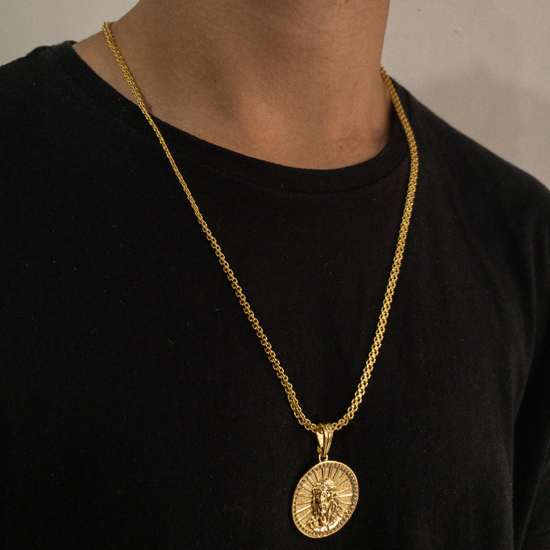 CORRENTE CADEADO DUPLO (4mm) + PINGENTE MEDALHA FACE DE CRISTO CRAVEJADO (4,9cm)  - BANHADO A OURO 18K