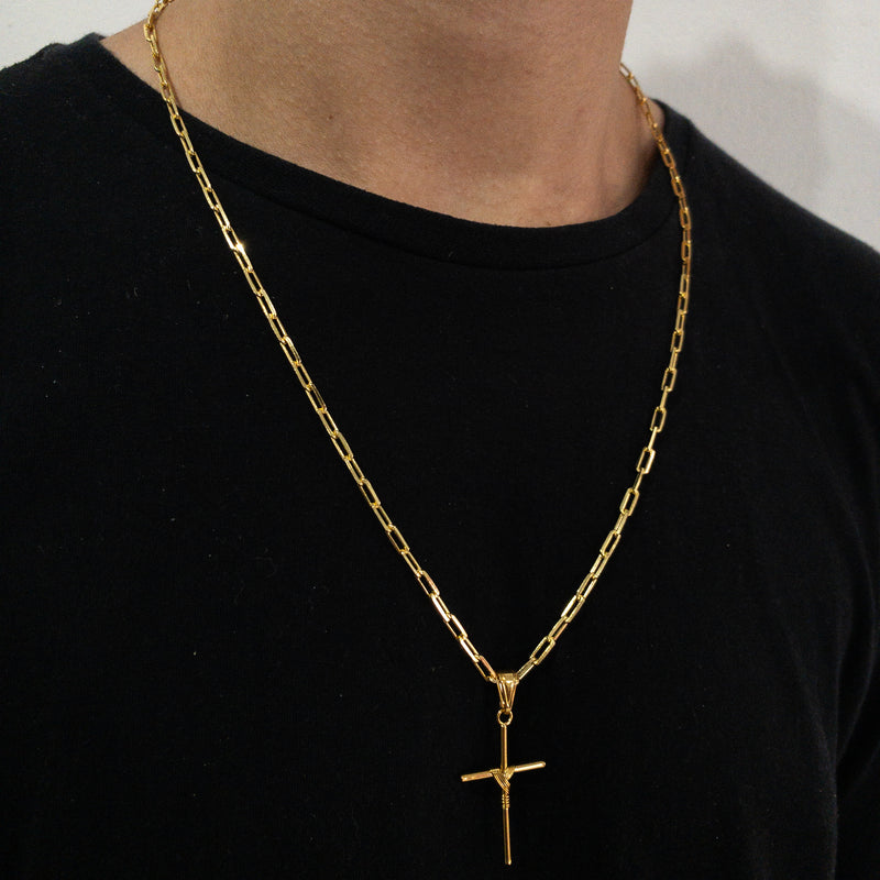 CORRENTE CADEADO FINO (2mm) + PINGENTE CRUZ ARAMADA (3,8cm)- BANHADO A OURO 18K
