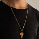 CORRENTE FIGARO 3X1 (3mm) + PINGENTE CRUZ COM FACE DE JESUS (3,8cm)- BANHADO A OURO 18K