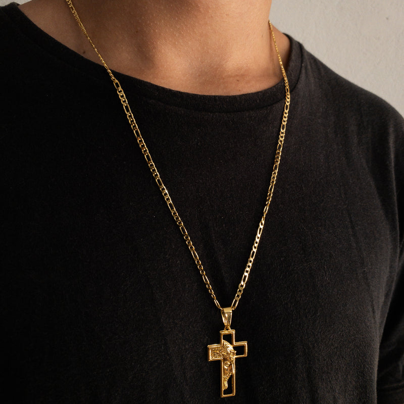 CORRENTE FIGARO 3X1 (3mm) + PINGENTE CRUZ COM FACE DE JESUS (3,8cm)- BANHADO A OURO 18K