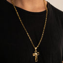 CORRENTE TIJOLINHO (4mm) + PINGENTE CRUZ COM FACE DE JESUS (3,8cm)- BANHADO A OURO 18K