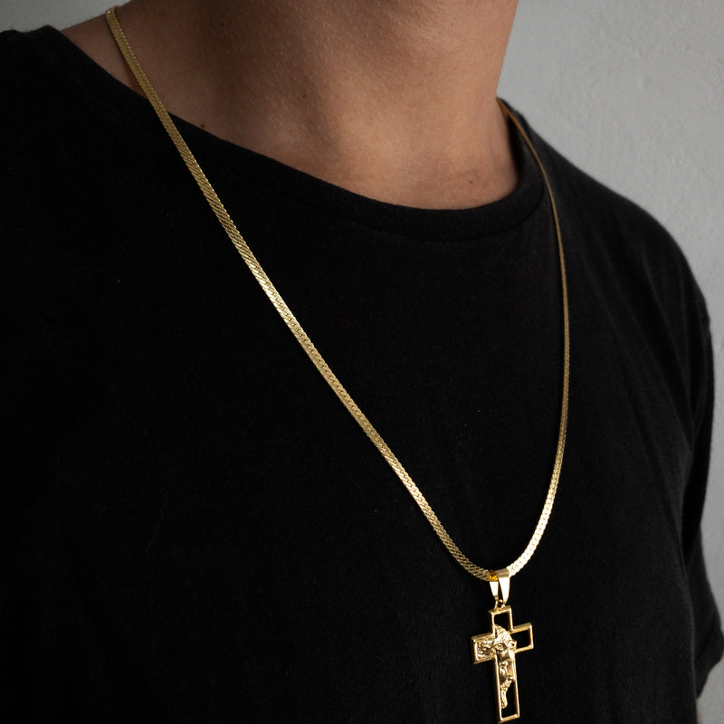 CORRENTE CADEADO FLAT (4mm) + PINGENTE CRUZ COM FACE DE JESUS (3,8cm)- BANHADO A OURO 18K