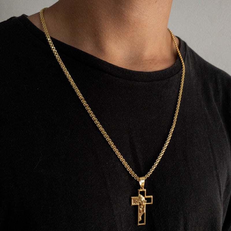 CORRENTE CADEADO DUPLO (4mm) + PINGENTE CRUZ COM FACE DE JESUS (3,8cm)- BANHADO A OURO 18K
