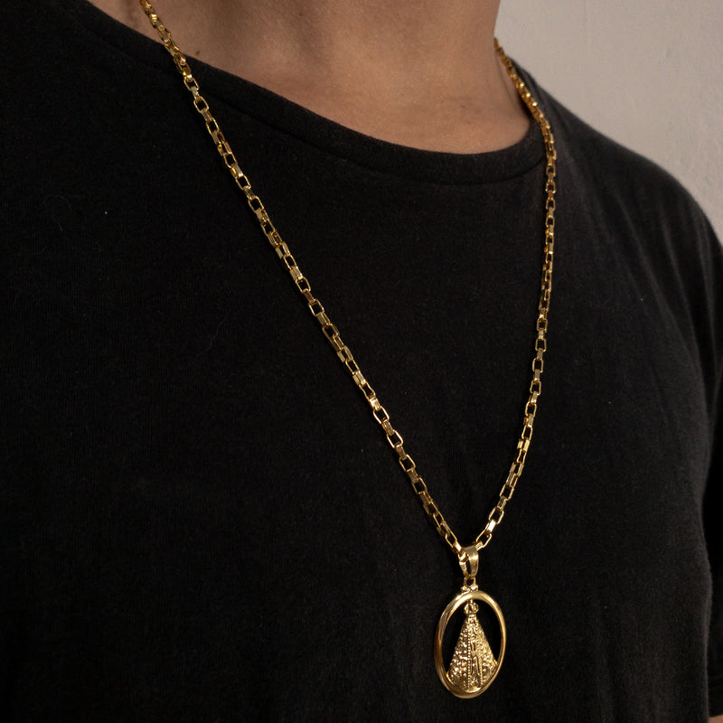 CORRENTE TIJOLINHO (4mm) + PINGENTE MELHANA OVAL NOSSA SENHORA (4,5cm) - BANHADO A OURO 18K