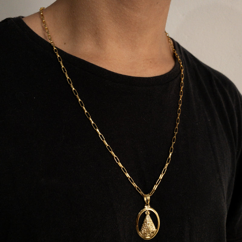 CORRENTE CADEADO LONG (4mm) + PINGENTE MEDALHA OVAL NOSSA SENHORA (4,5cm) - BANHADO A OURO 18K