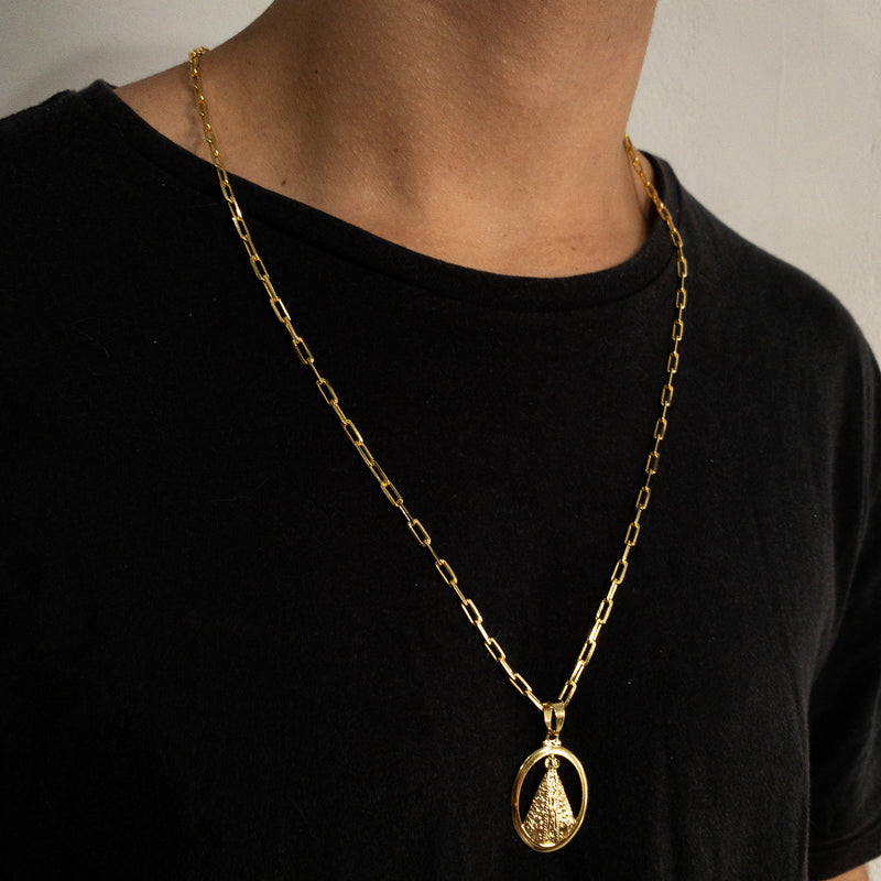 CORRENTE CADEADO FINO (2mm) + PINGENTE MEDALHA OVAL NOSSA SENHORA (4,5cm) - BANHADO A OURO 18K