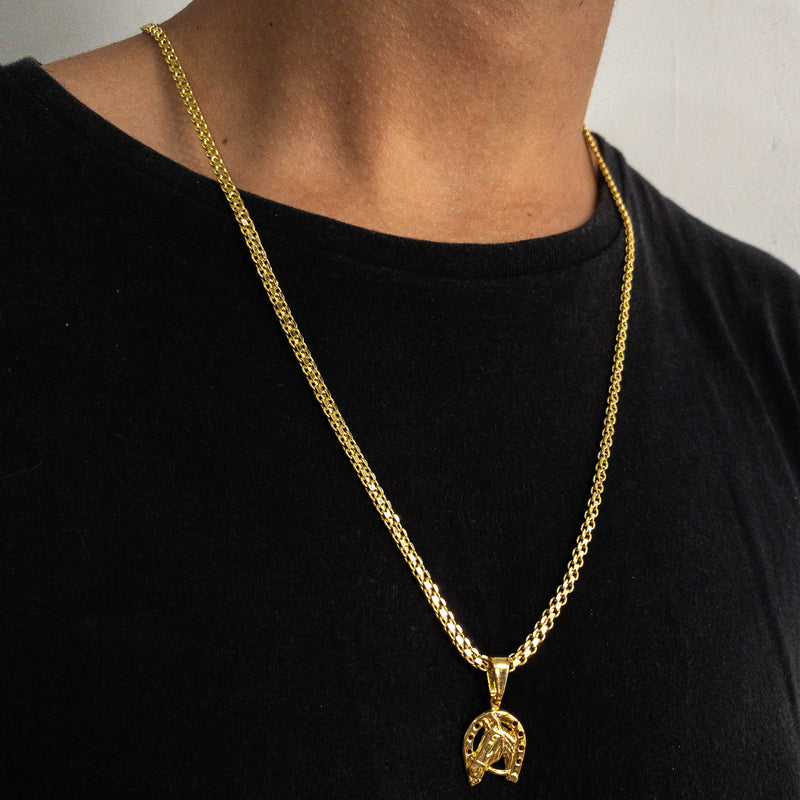 CORRENTE CADEADO DUPLO (4mm) + PINGENTE FERRADURA (2cm) - BANHADO A OURO 18K