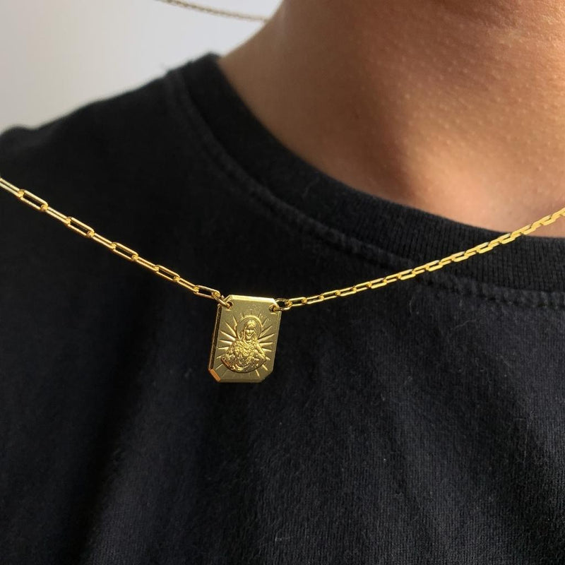 ESCAPULÁRIO NOSSA SENHORA DE NAZARÉ E CRISTO ELO CADEADO LONG - 70 CM - BANHADO A OURO 18K.